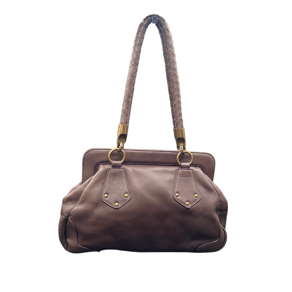 Clarks Brown Leather Satchel Shoulder Bag Braided Handles Kiss Lock